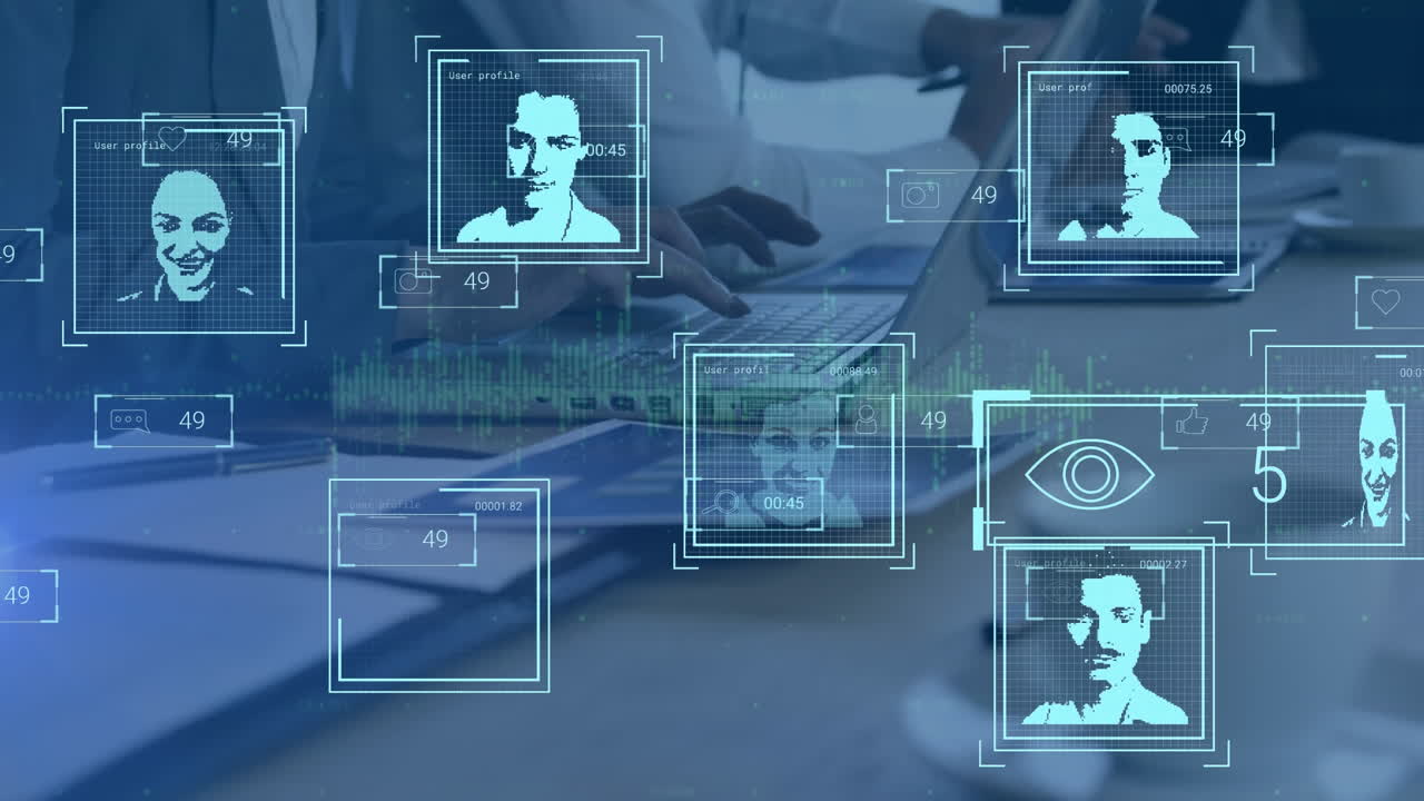Animation of multiracial user profiles scanning on digital interface, colleagues working on laptops
