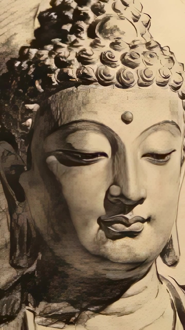 Video verticale: Telecamera che panoramica rivelando uno schizzo della testa di Buddha su un muro, mostrando la guancia sinistra e la carta.