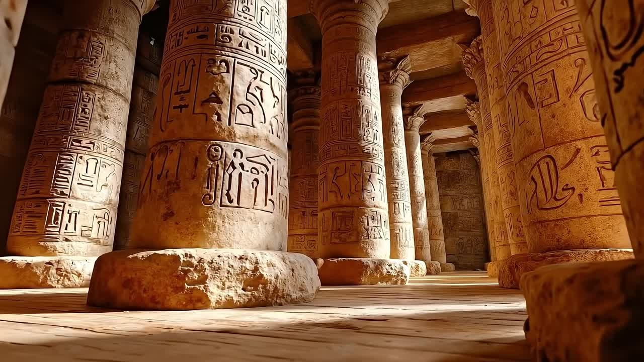 A row of pillars with hieroglyphics on them in a temple