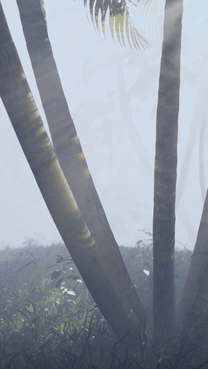 Palm trees stand in foggy landscape near grass at sunrise