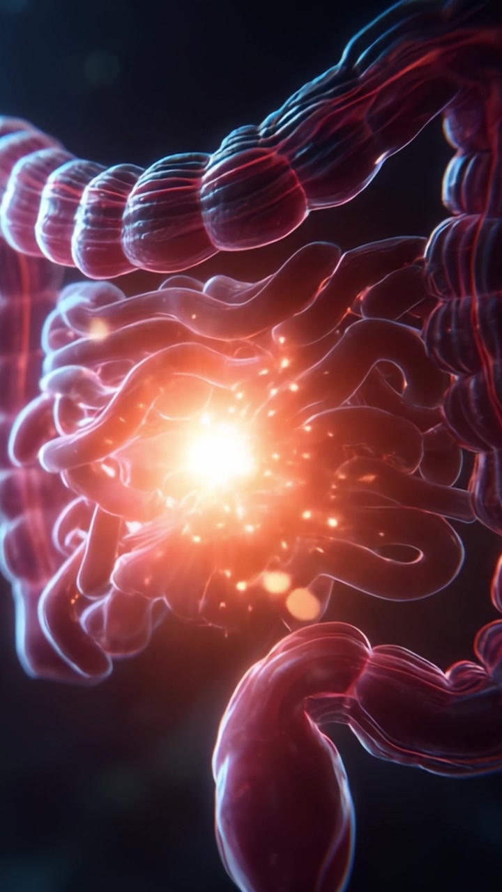 A Stunning Visual of Intestines Illuminated with Bright Energy, Highlighting the Intricate Structures and Functions Within the Digestive System in a Captivating Way.