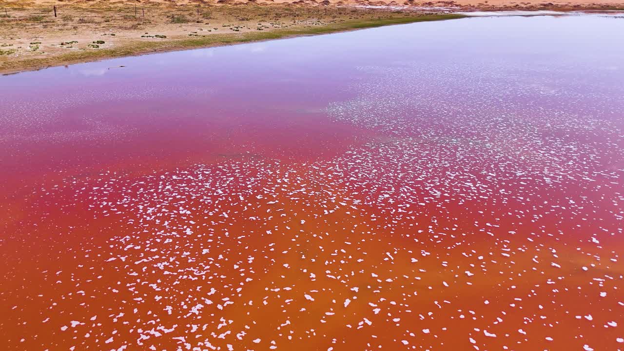 Aerial shot overhead the pink and orange water in Wulan Lake in Tengger Desert, China