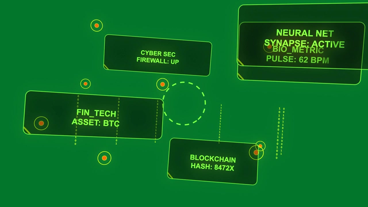HUD booting via node pulse, rotating, nodes orbiting, ring flashing, monitoring on transparent bg