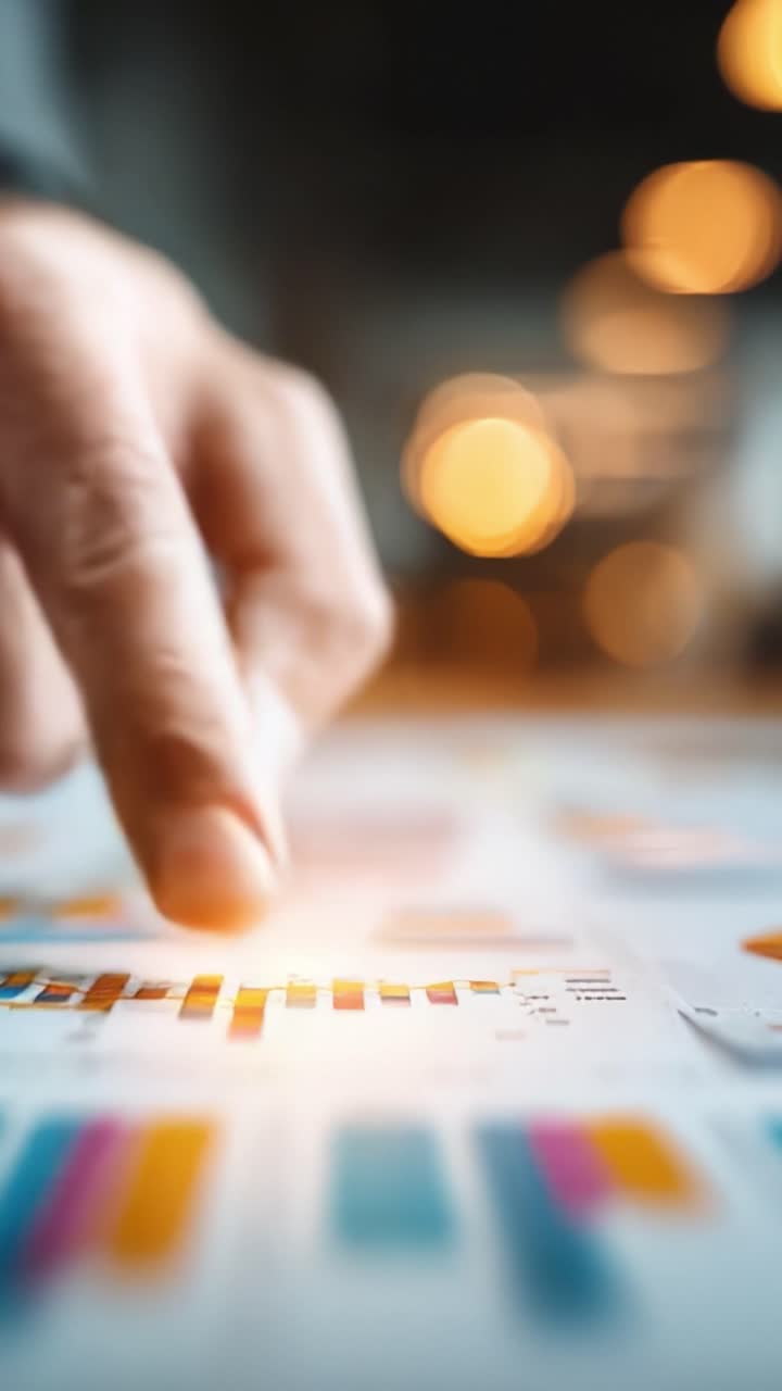 Una mano concentrata regola grafici a barre su un display vibrante, mostrando tecniche di visualizzazione dati che evidenziano analisi e processi decisionali in un moderno ambiente aziendale.