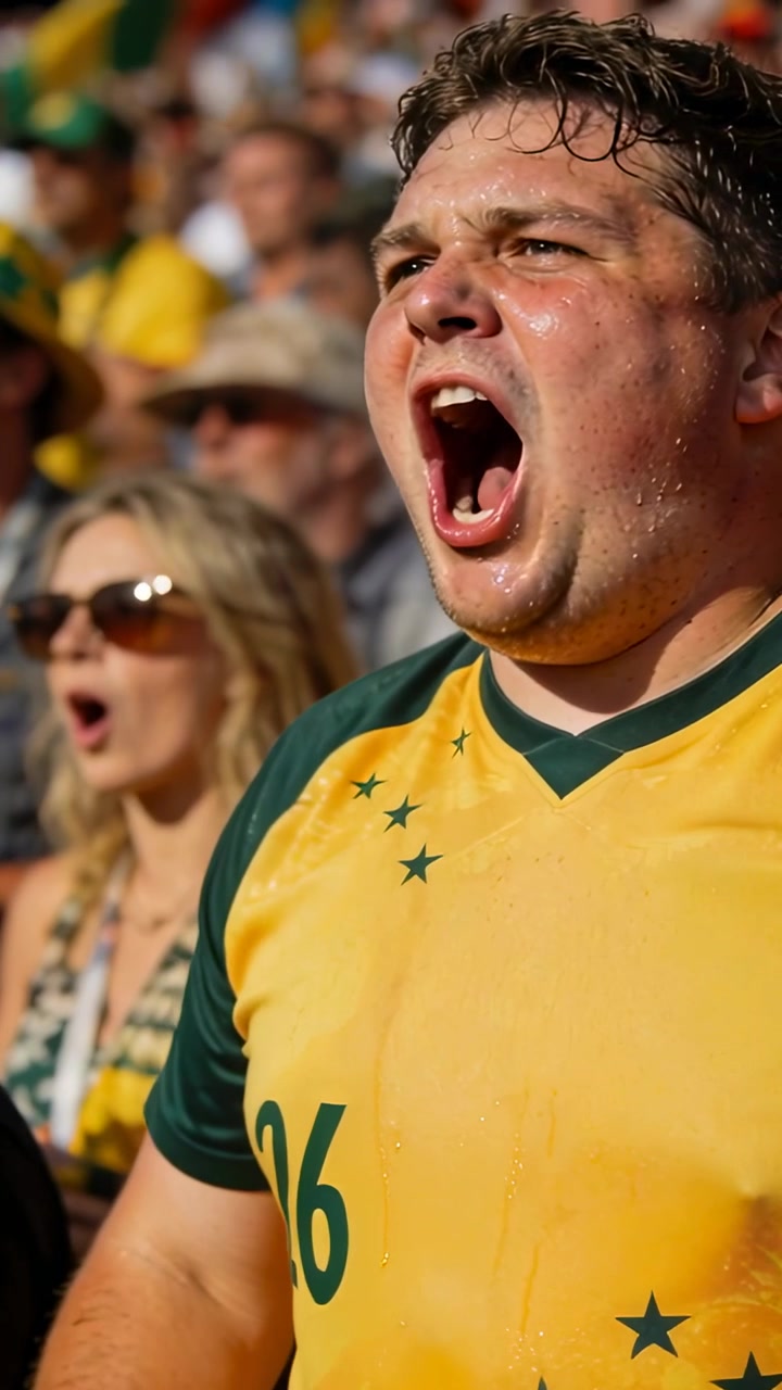 Video vertical: Aficionado masculino gritando con la camiseta 26, inclinándose y vocalizando en el estadio, apoyando al equipo