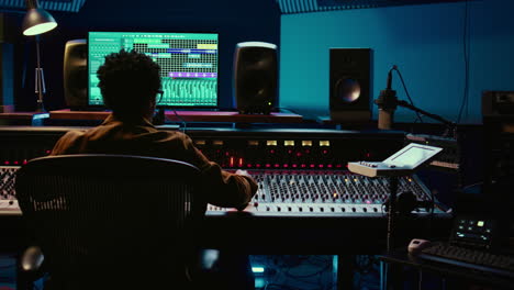 african american sound designer editing audio recordings in control room