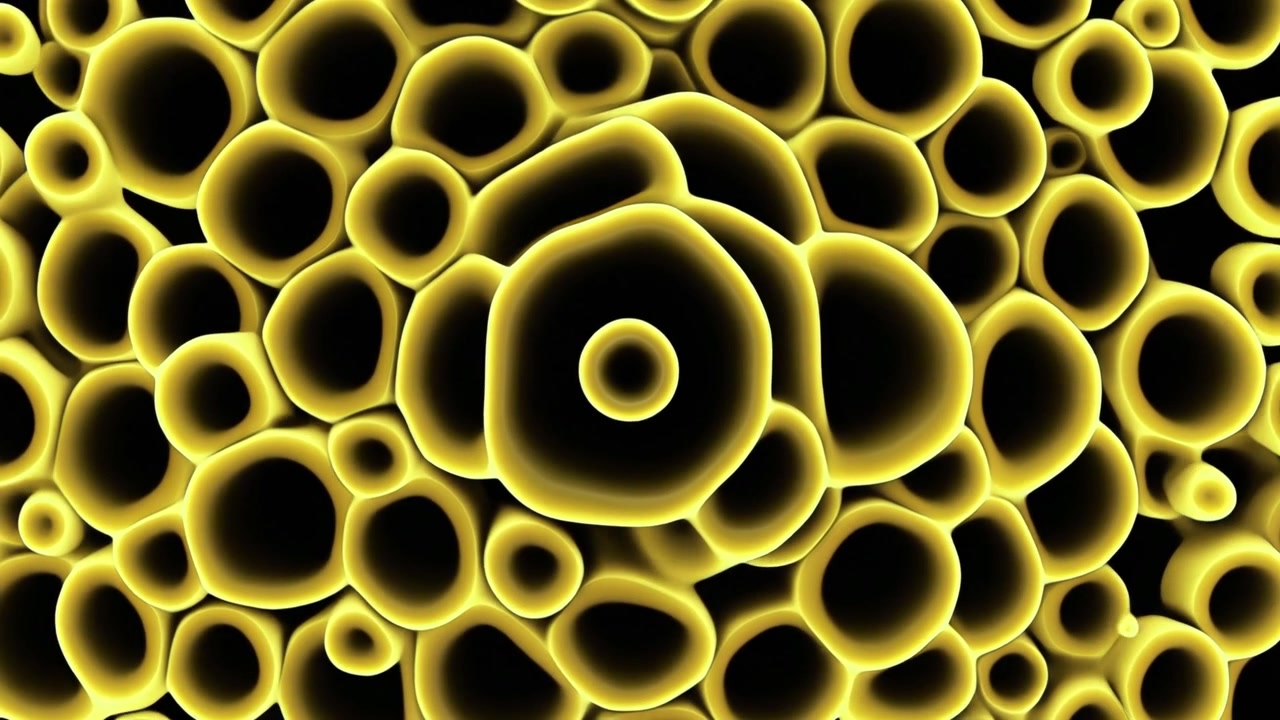 Animazione 3D astratta di strutture cellulari gialle luminose