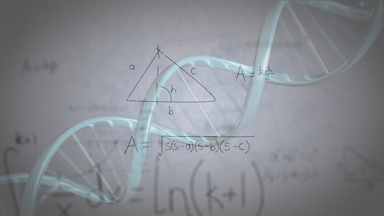 Animation of DNA strand intertwined with geometric shapes and mathematical formulas