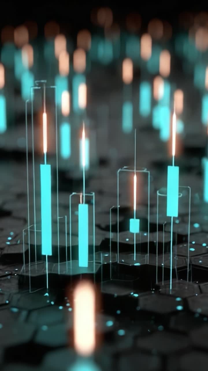 En imponerende visuell fremstilling av datatrender som fremhever candlestick-mønstre i et futuristisk digitalt miljø med opplyste elementer og geometrisk bakgrunn
