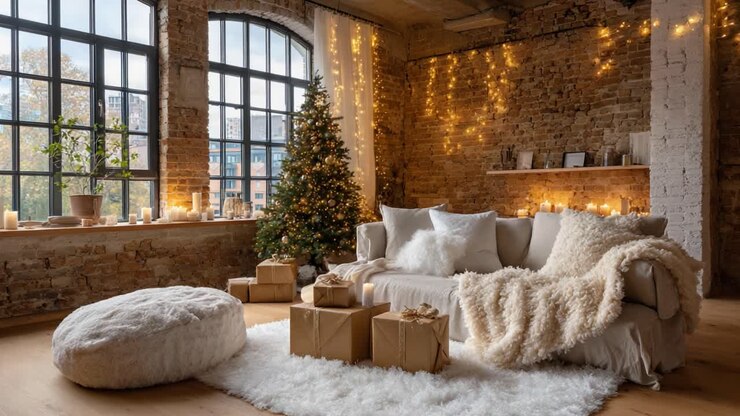 Soggiorno natalizio accogliente e invitante con decorazioni lussuose, luci scintillanti e un bellissimo albero di Natale circondato da pacchi regalo per un'atmosfera festosa