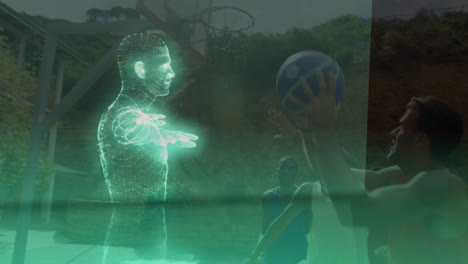 human model spinning against group of men basketball on basketball court