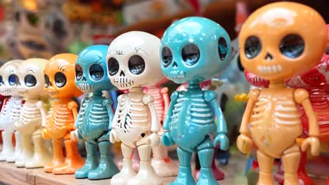 a row of colorful skeletons sitting on top of a wooden shelf