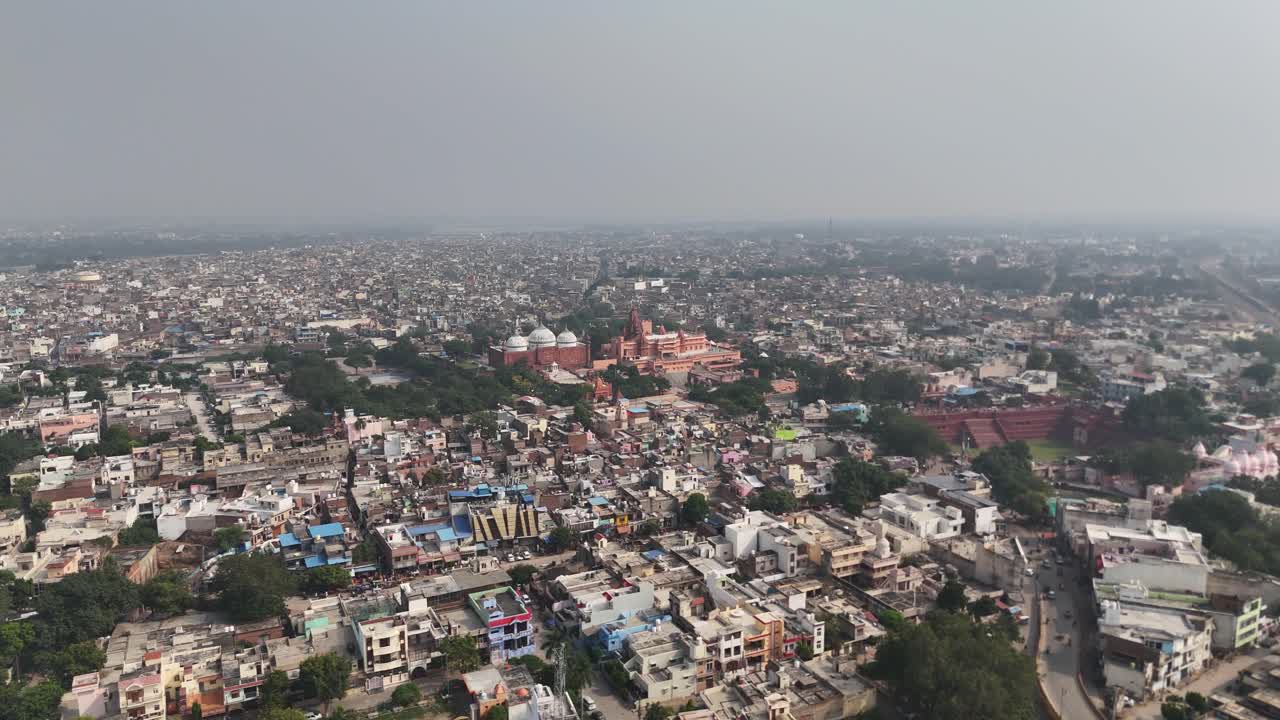Mathura city aerial view displaying historic temples and dense neighbourhoods, highlighting the blend of tradition and modern living