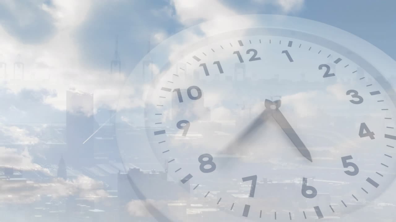 Sunlight shifting, translucent clock rotating, hands sweeping cloudy sky with skyline, showing time