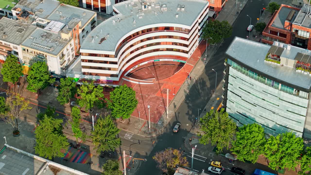 Aerial orbit of a shopping mall in the affluent area of Bogota, Colombia. 70mm drone shot from a drone.