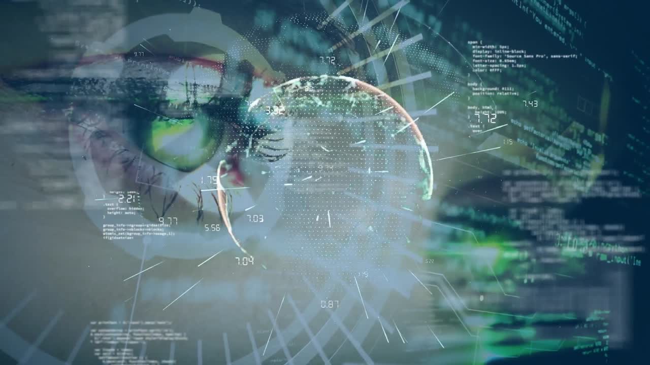 Animation of globe with network of connections data processing against woman's eye