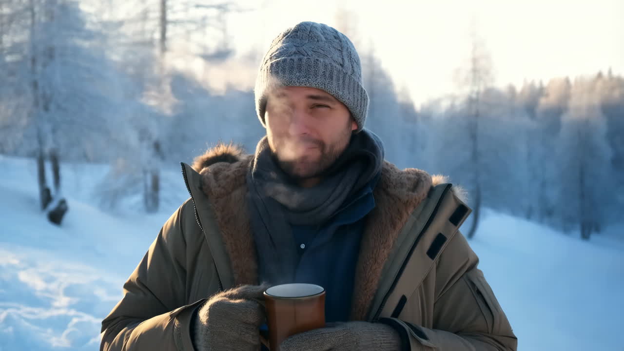 Uomo che beve una bevanda calda in una foresta invernale innevata