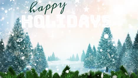 Animation-of-stars-over-happy-holiday-text-banner-against-snow-covered-trees-on-winter-landscape