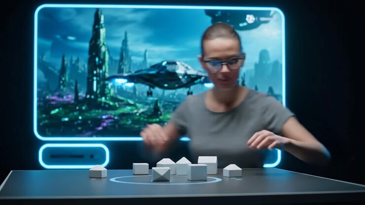 Donna che interagisce con la tecnologia futuristica