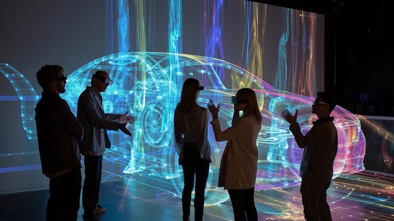 Interactive light display showcasing a futuristic car model in a gallery