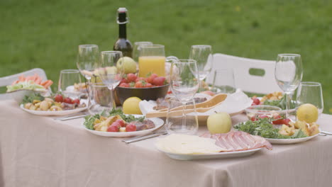 gros plan d'une table à manger avec une variété de plats et de boissons pour une fête en plein air dans le parc 1