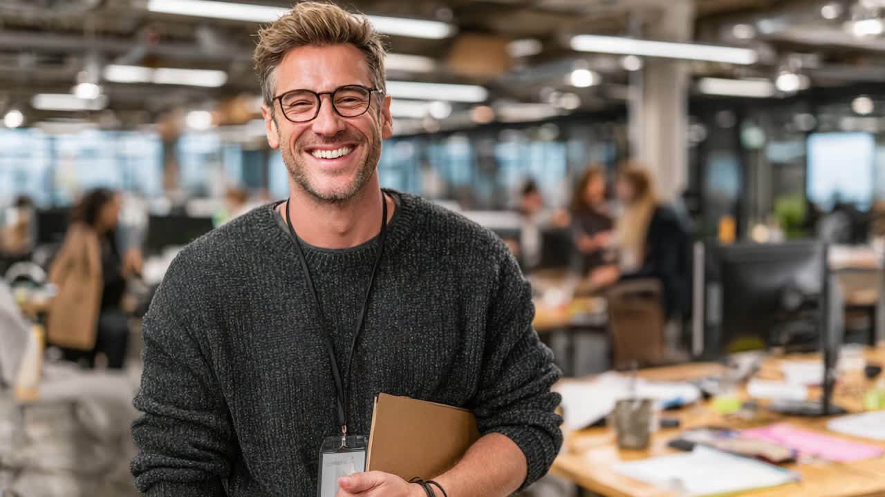 A Joyful Professional in an Engaging Workspace: Capturing the Essence of Collaboration, Creativity, and Community in a Modern Office Environment