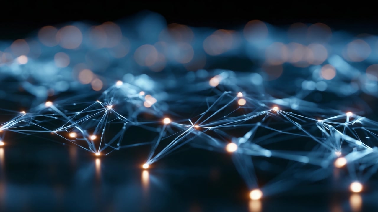 Illuminated Network of Connections: A Close-Up View of Interconnected Fiber Optics and LED Lights Emphasizing Technology and Innovation in a Digital Landscape