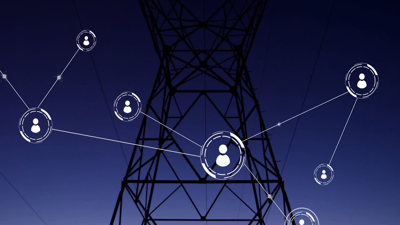 анимация сети соединений с иконами над пилоном