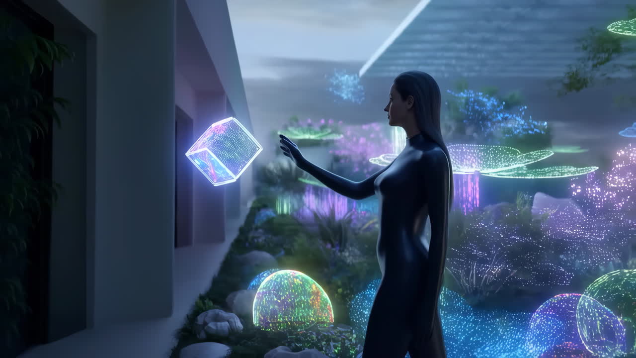 A Woman Interacting with a Luminous Futuristic Garden