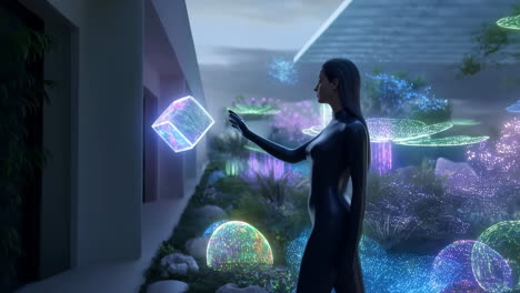 a woman interacting with a luminous futuristic garden