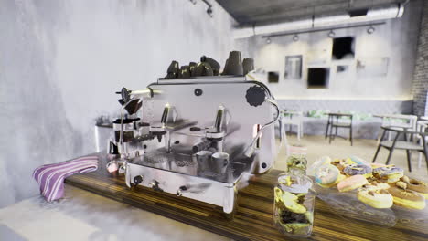 modern espresso machine in a cozy cafe setting with freshly baked goods