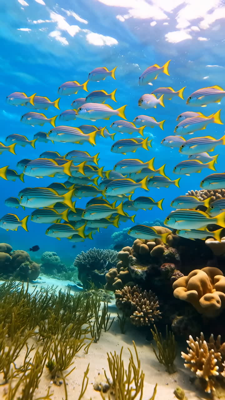 A large school of yellow-finned fish swimming over a coral reef in clear blue ocean water