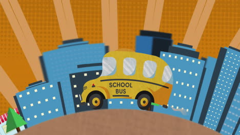 Animation-of-school-bus-icons-against-cityscape-and-radial-background-in-seamless-pattern