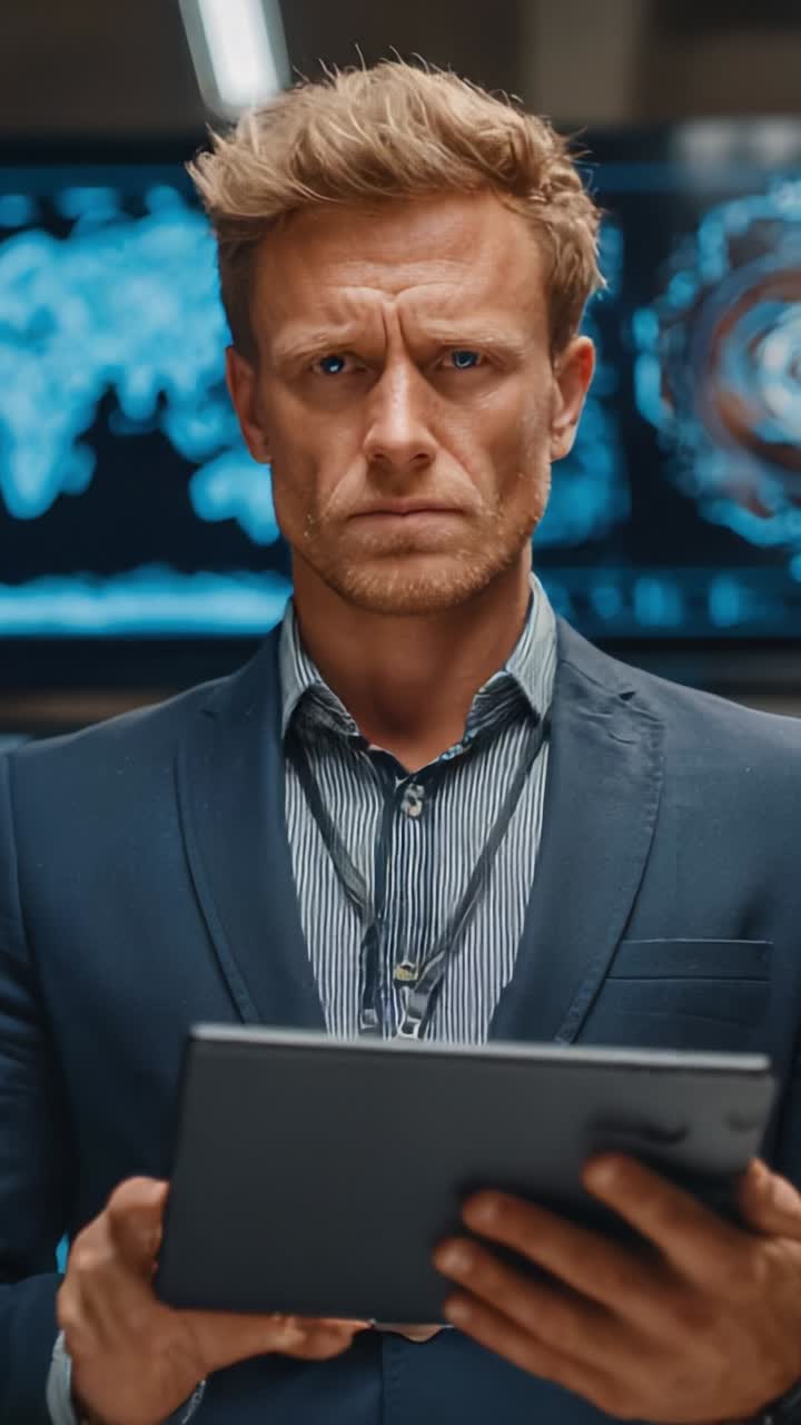 Focused and Determined Businessman Analyzing Data on Tablet Device in a High-Tech Control Room Setting with Global Maps and Graphics Displayed Behind Him