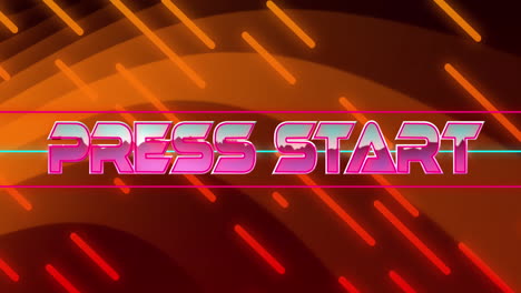 animation of press start text banner over orange digital waves and lines in seamless pattern