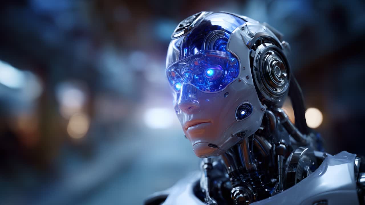 Robot umanoide futuristico che mostra un'intelligenza artificiale avanzata con dettagli meccanici complessi e accenti blu luminosi, che rappresenta il futuro della tecnologia robotica