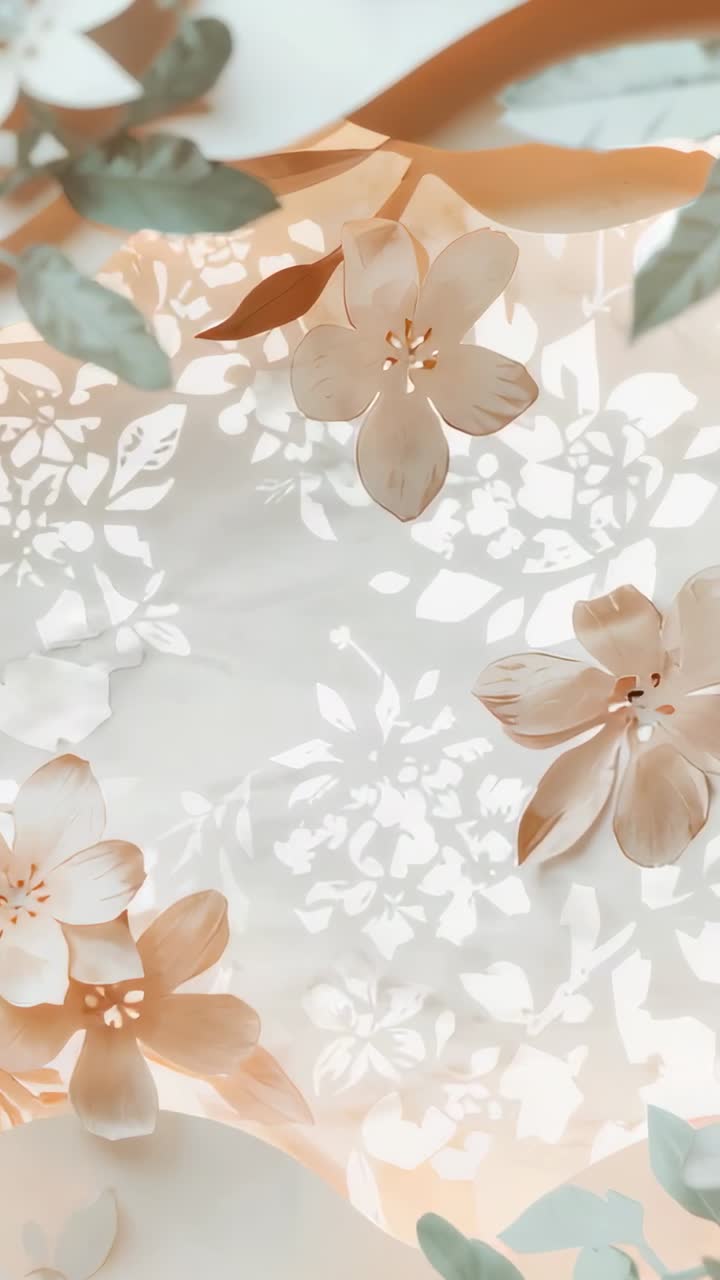 Video verticale: Telecamera in panoramica guidata da un pannello retroilluminato che rivela un fiore di carta e una foglia di menta su un tavolo.