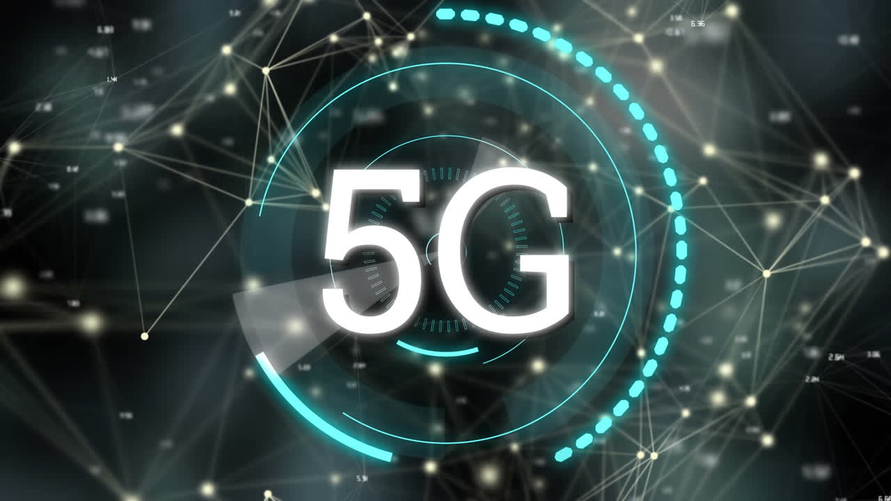 5g scritto al centro di un cerchio futuristico e linee asimmetriche