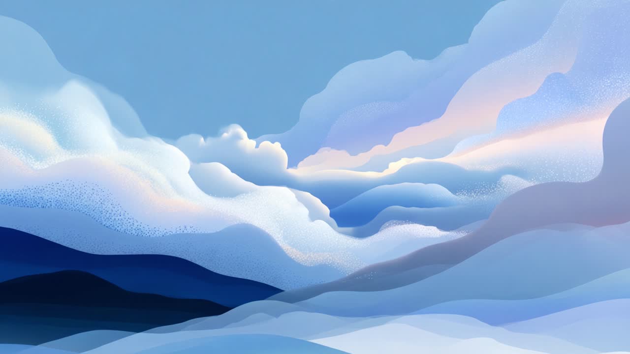 A Serene Sunset Over Rolling Hills: Soft, Dreamy Clouds Illuminate the Sky with Gentle Hues of Blue and Pink as the Sun Sets on the Horizon, Creating a Tranquil Landscape