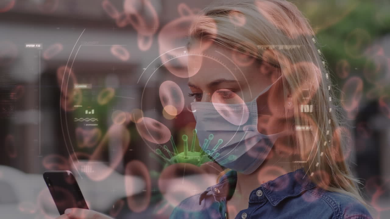 анимация клеток covid-19, движущихся над женщиной в маске