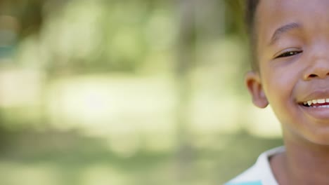 Portrait-of-half-face-of-happy-african-american-boy-smiling-in-garden,-with-copy-space