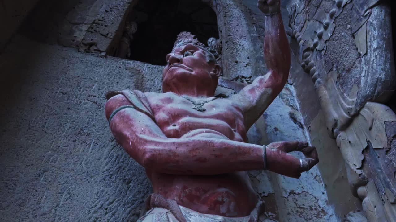 A Huge Clay Sculpture At The Maijishan Grottoes In Tianshui, Gansu, China. Tracking Shot