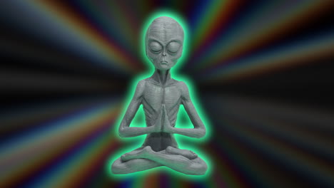 glowing relaxing alien beaming in front of black screen with flickering rainbow lights - prores 4k footage of science fiction character