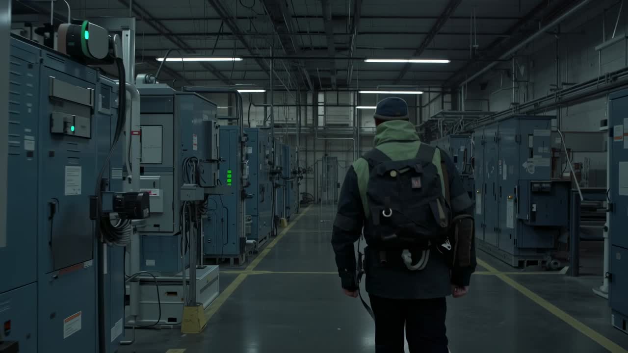 Inizio del tracciamento della telecamera, un tecnico cammina nel corridoio centrale tenendo in mano degli strumenti e ispezionando il quadro elettrico.