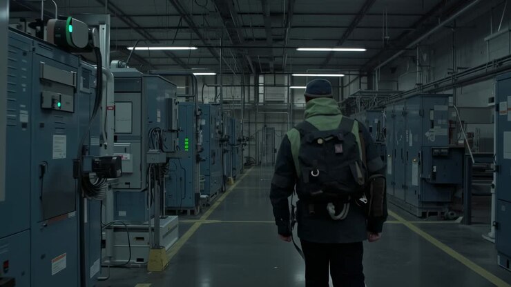 Inizio del tracciamento della telecamera, un tecnico cammina nel corridoio centrale tenendo in mano degli strumenti e ispezionando il quadro elettrico.