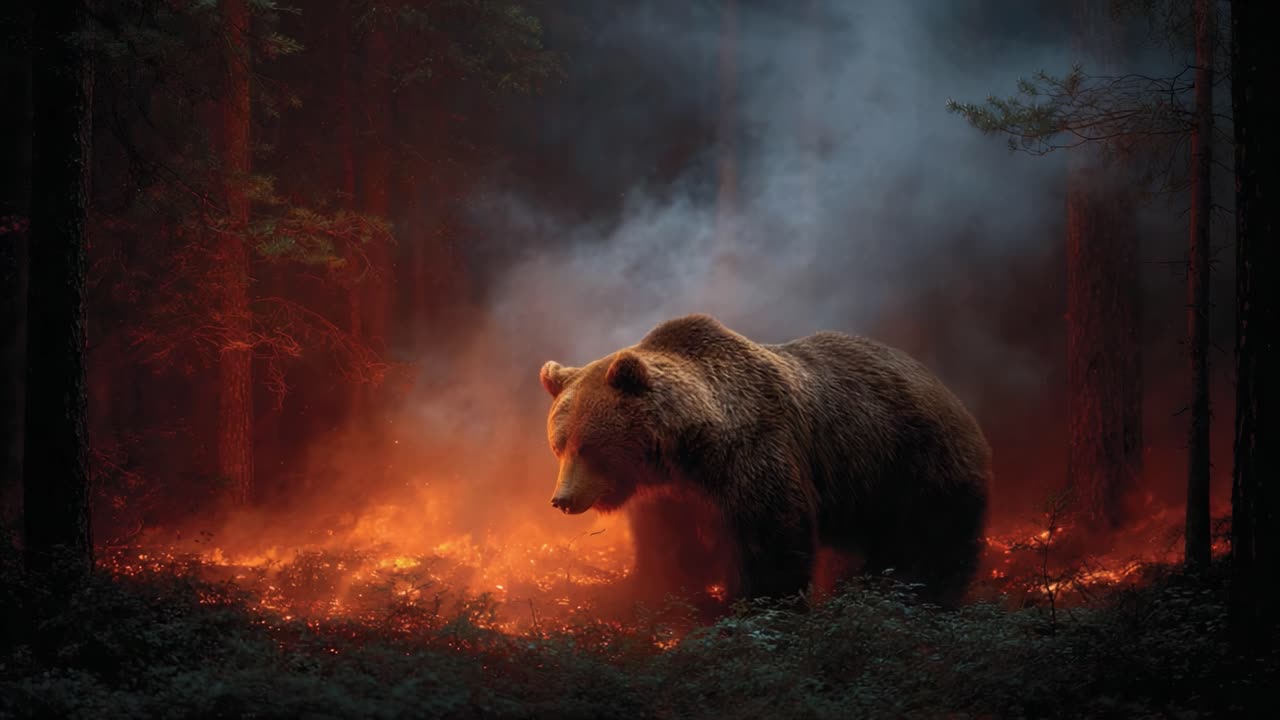 A Grizzly Bear Navigates Through A Forest Fire, Capturing The Struggle For Survival Amidst Flames And Smoke In A Dramatic Display Of Nature's Raw Power