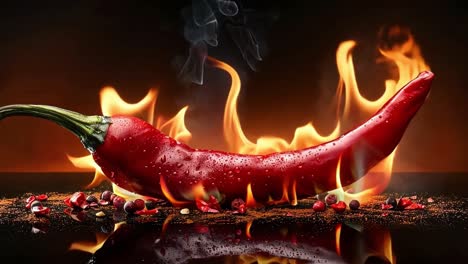 red chili pepper with flames and smoke