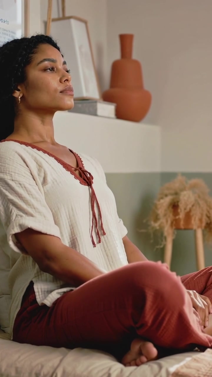 Video verticale: Donna seduta che respira per rilassarsi su un divano letto a casa, con una camicetta color crema e pantaloni color ruggine.