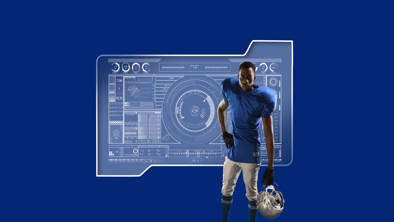 Animation of scopes scanning and data processing with american football player