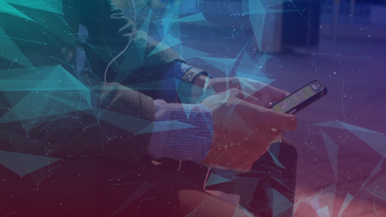 Animation of d networks of connections over man using smartphone in background